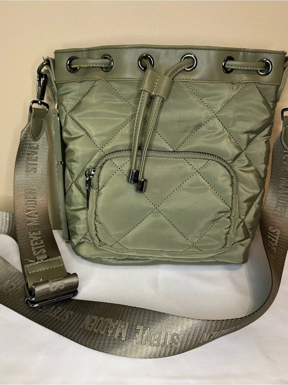 Steve Madden Olive Quilted Drawstring Bucket Crossbody Bag